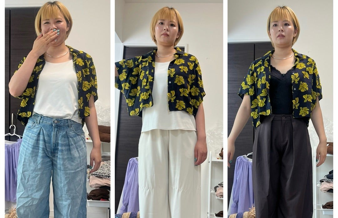 同じ柄シャツを三通りに着回したお客様のコーデ比較