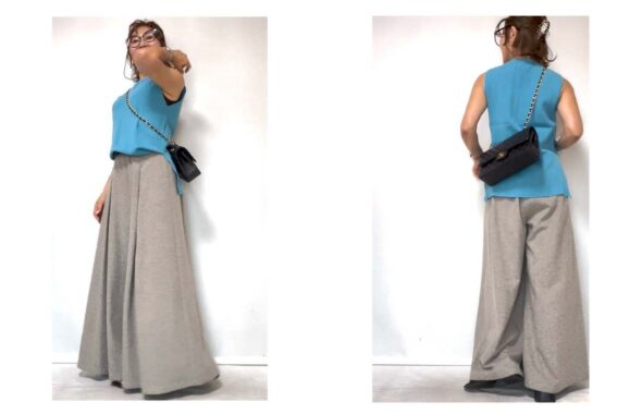 ブルーのトップスとグレーのワイドパンツを前後から見た着回しコーデ
