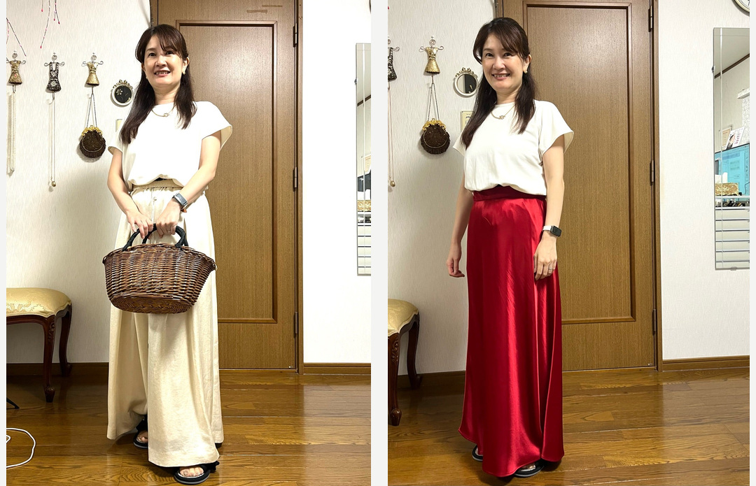 超ワイドパンツとロングマキシスカートを楽しむ年間パーフェクトコースの女性