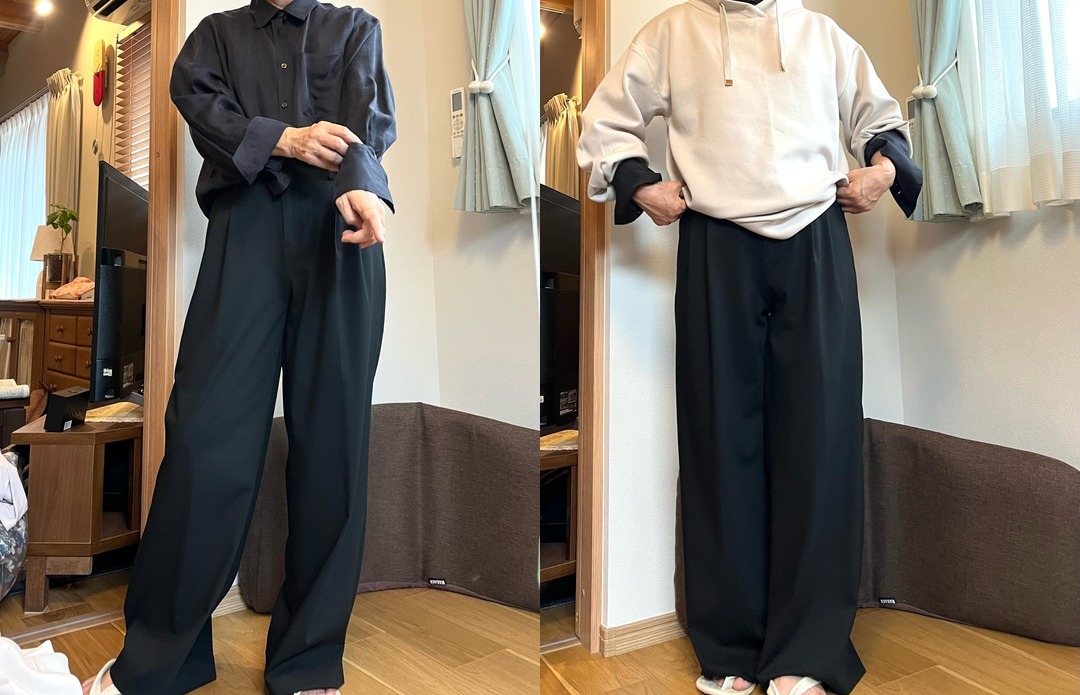 黒シャツと淡色フーディーで黒ワイドパンツを着回す秋コーデ