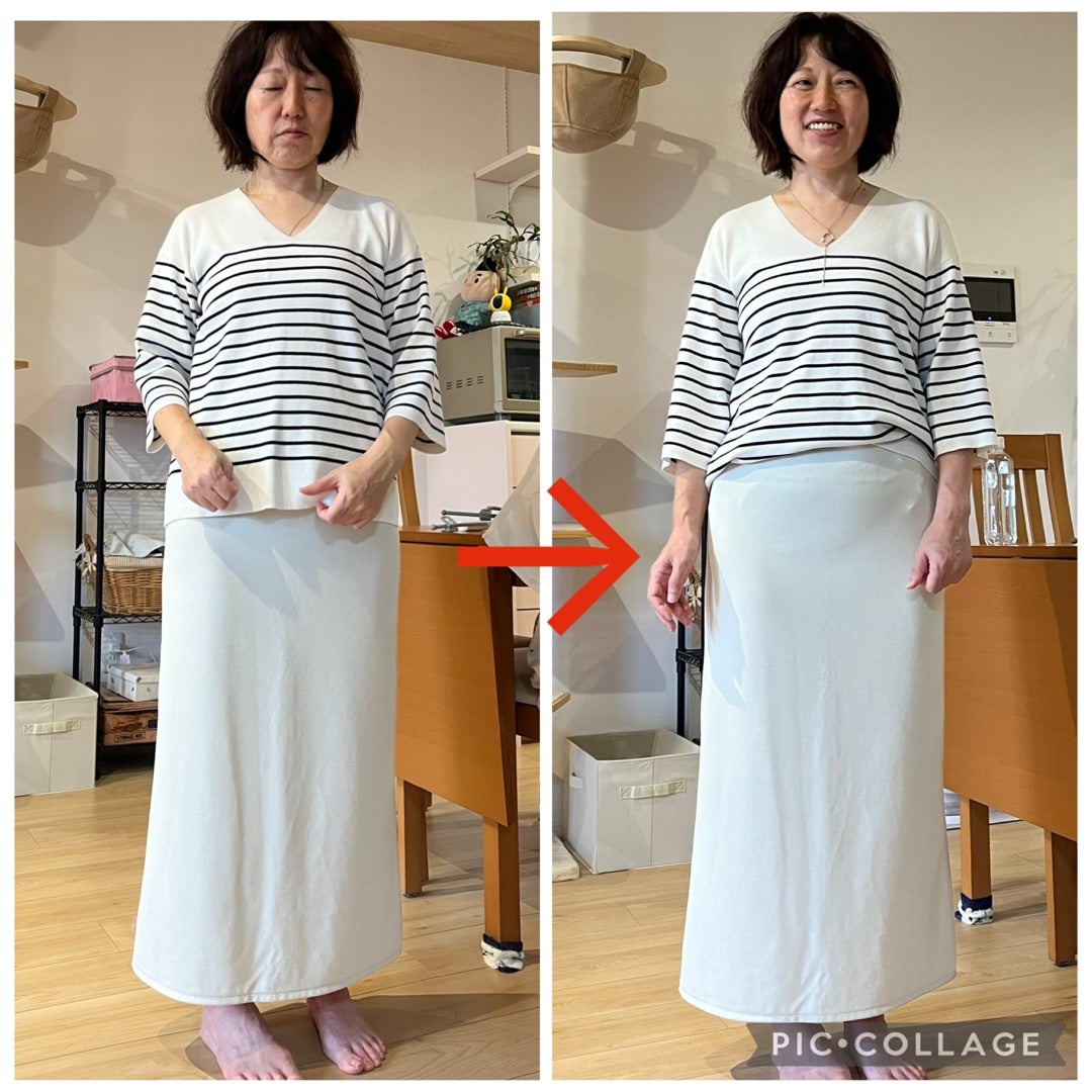 同じボーダートップスとロングスカートをウエスト位置で整えた着こなしの比較
