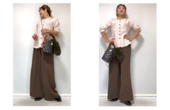 淡いピンクのペプラムをブラウンのワイドパンツで着こなす三村由香