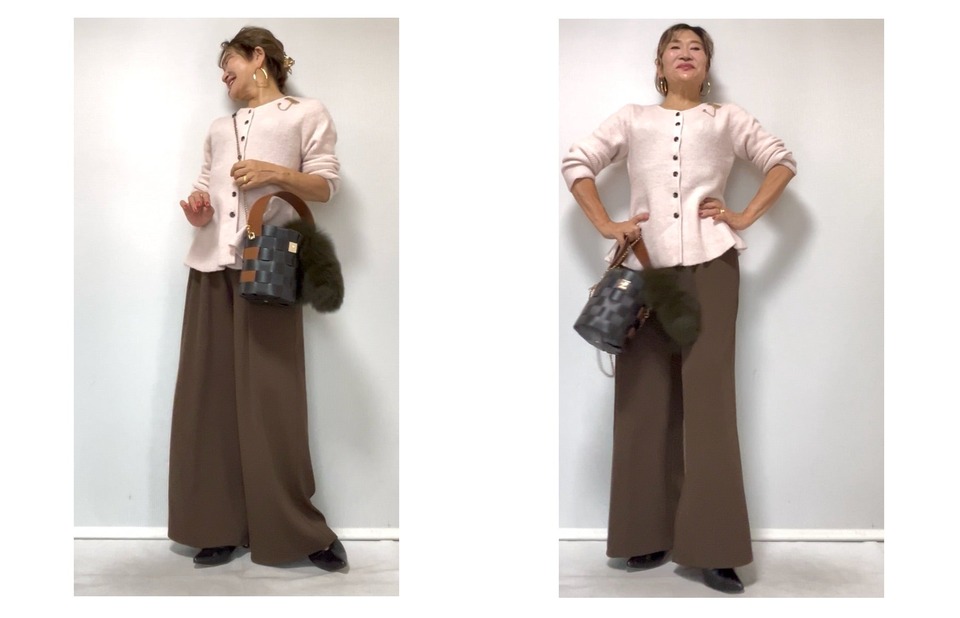 淡いピンクのペプラムをブラウンのワイドパンツで着こなす三村由香